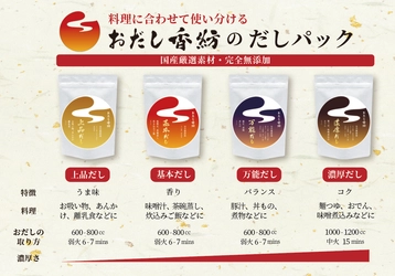 おだし香紡が出汁の品揃え80種類達成を記念し、 料理に合わせて使い分ける4種類のだしパックを発売