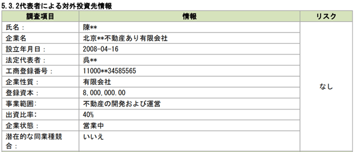代表者による対外投資先情報(イメージ)