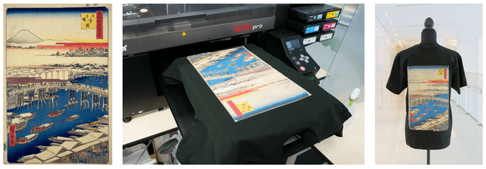 NDLイメージバンクのコンテンツをプリントしたTシャツ (出典:国立国会図書館「NDLイメージバンク」タイトル:日本橋雪晴 )