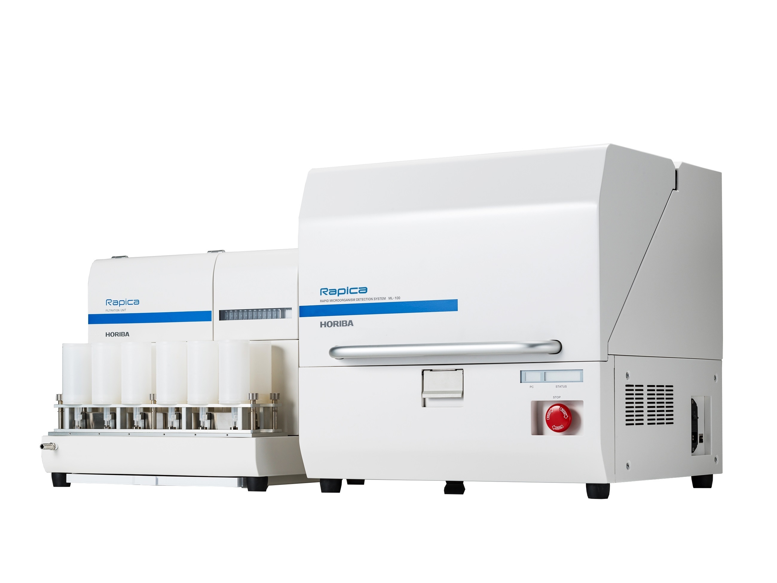 微生物迅速検査装置「Rapica」(左:ろ過装置、右:測定機)