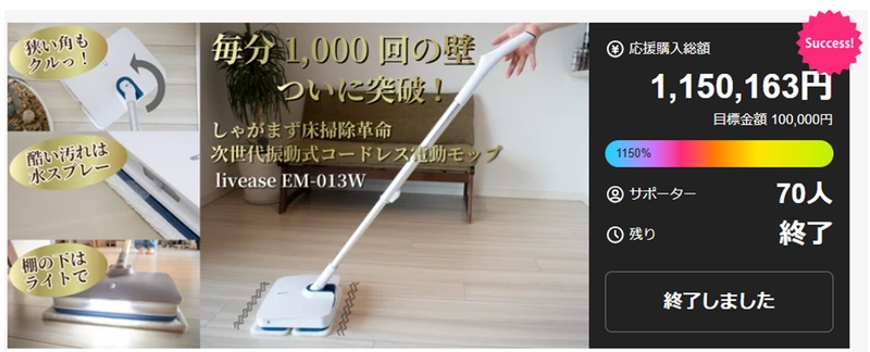 クラウドファンディングで達成率1150％！ 指1本の力だけで動く？！超強力 電動コードレスモップ 一般予約受付開始