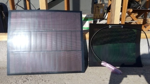 陸上養殖×エネルギー事業実現に向けたアクション ペロブスカイト太陽電池(右)とCIS太陽電池(左)の検証を実施中(日本版SBIR制度(*))