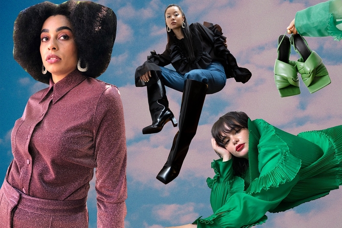 左から:①グリッターシャツ¥8,499 グリッターパンツ9,499 ラインストーンイヤリング¥3,999 ②ラッフルボリュームブラウス¥9,999 ハイワイドレッグデニム¥8,499 オーバーサイズレザーブーツ¥22,999 ③プリーツオーガンザワンピース¥11,999 ④パッデッドレザーサンダル¥13,999