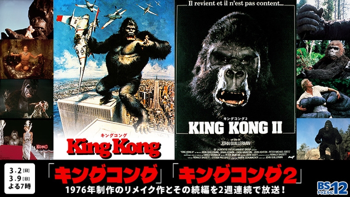 「キングコング」(1976)、「キングコング2」(1976)2作品 3月2日(日)、3月9日(日)よる7時~ BS12 トゥエルビで放送
