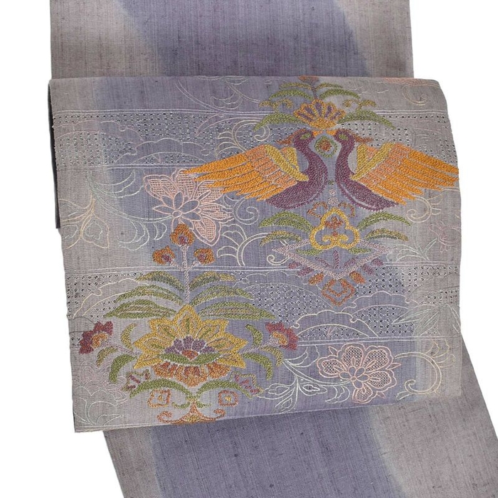 【新古品】「汕頭刺繍 鼠色に紫流し 四友と花喰鳥」仕立て上がり 袋帯 85,800円→68,640円 売り切れ次第終了
