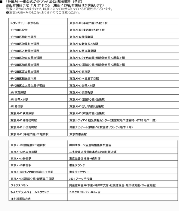 「神田カレー街公式ガイドブック2023」配布場所 (予定)