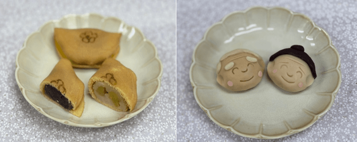 ぷくっとあんろーる(左)、祖父母を表した上生菓子(右)