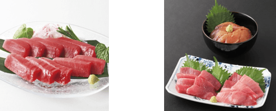 〈黒門市場 新魚栄〉近大マグロセット(左)、近大マグロ&漬け丼セット(右)