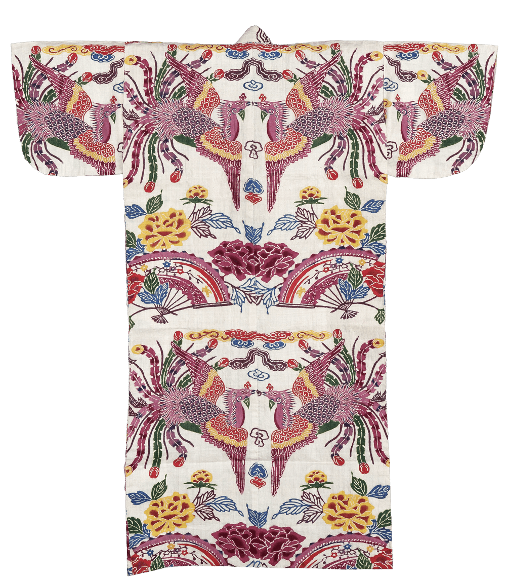苧麻白地鳳凰と扇牡丹文様両面紅型単子供衣裳