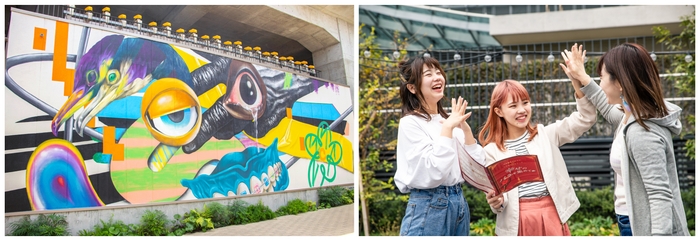 左：壁画アートのイメージ／右：街中で謎解きを楽しむ参加者のイメージ