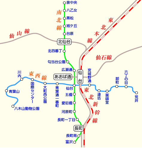 仙台駅を中心とした鉄道路線図