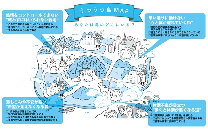 言葉にしにくい笑顔うつの状態を、4つの世界に分けて紹介 イラスト:かりた