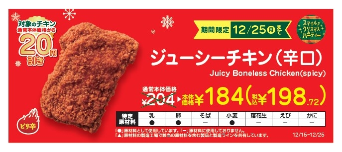 ジューシーチキン(辛口)本体価格より20円引き販促物(画像はイメージです。)