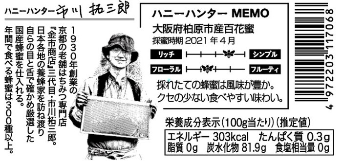 ハニーハンター厳選 国産春採れ新蜜110g(大阪府柏原市産百花蜜)ハニーハンターMEMO