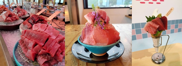 (右から)「まぐろ3種食べ放題!」や「まぐろ堪能頂上丼」「マグロソフト」が登場!