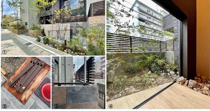 1)長谷川オリジナルのルーバー(正面からみた抜け感)  2)メンテナンスを考慮し取り外しができる   3)横から見たルーバー   4)エントランスホールから見るルーバー越しの景色