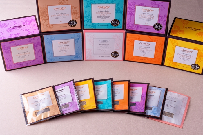 デザインがおしゃれなGryphon Tea。昨年は「ブリティシュ・ブレックファースト」や「モガンボ」が特に人気(ともに3,230円)。フェア後も5店で販売継続する予定。