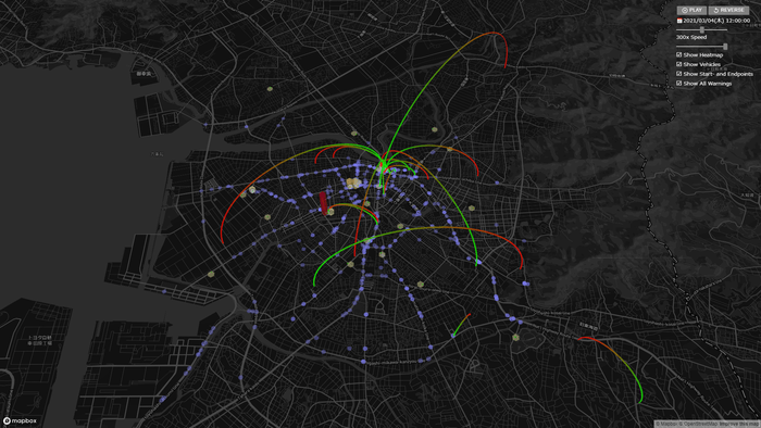 「運行安全管理システム(開発中)」の画面例 ー 豊橋市近辺、2021/3/4 12:00 (※4)
