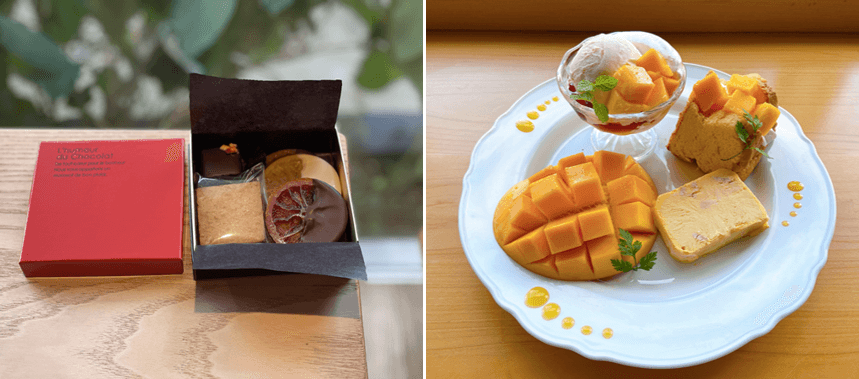 「近大柑橘」toco*towa chocolat collection(左)、近大マンゴーづくしのアフタヌーンティー(右)