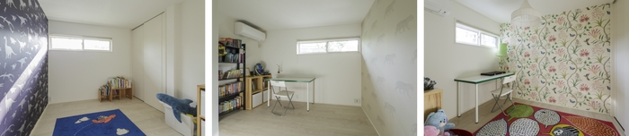 3人のお子さまがそれぞれ選んだ壁紙が明るく楽しい印象を与える子ども部屋