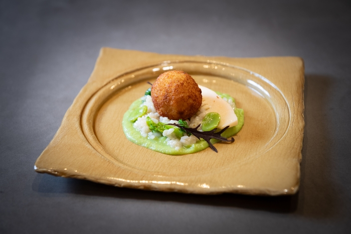 ふきのとうのクロケッタ 筍とそら豆のリゾット