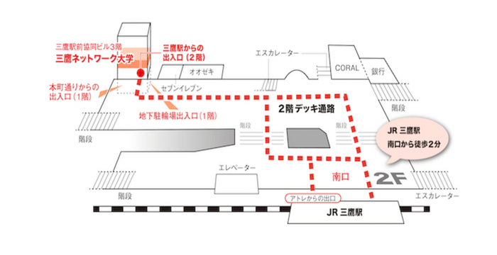 JR 三鷹駅(南口)から三鷹ネットワーク大学まで徒歩2分 !!(*地図提供:三鷹ネットワーク大学)
