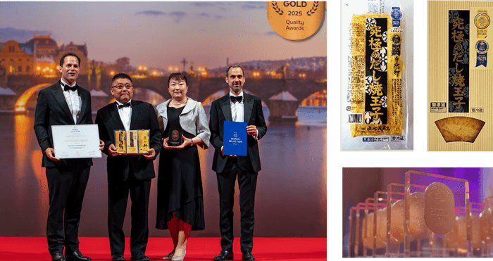 プラハ(※チェコ共和国)での式典の様子/金賞を連続受賞した『究極のだし焼玉子』(右上) 3年連続最高金賞または金賞受賞に授与される『ダイヤモンド・トロフィー』(右下)