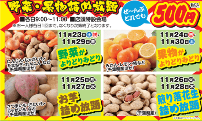 期間中毎日開催!大好評「野菜・果物詰め放題」