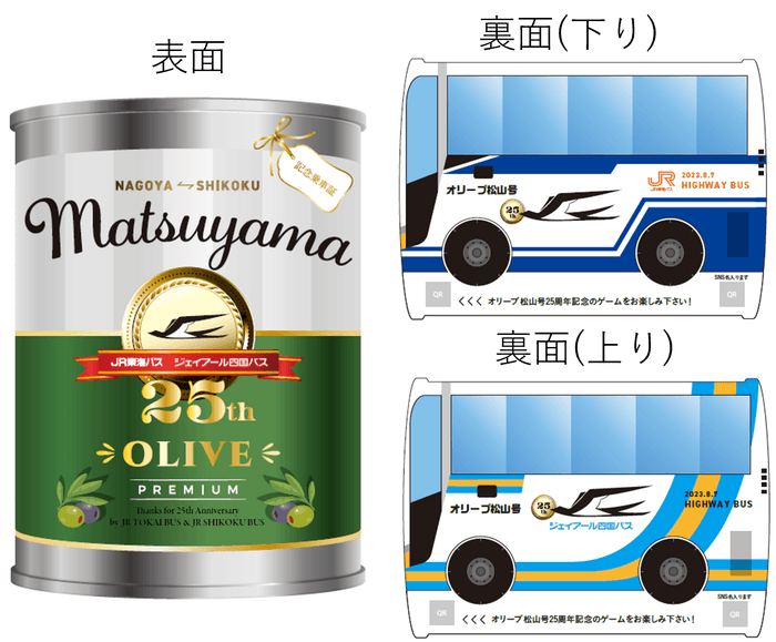 表面は「オリーブ缶」裏面はJR東海バス・JR四国バスをイメージした記念乗車券