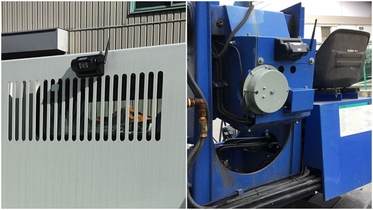 取り付けイメージ(左:ダンプカー、右:高所作業車)。カメラの角度は手動で変更可能