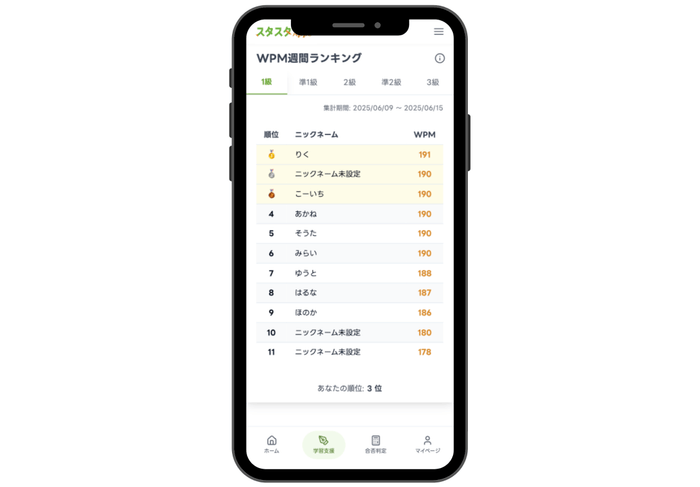 【画像:WPM週間ランキング画面(自分の順位表示を含む)のスクリーンショット】