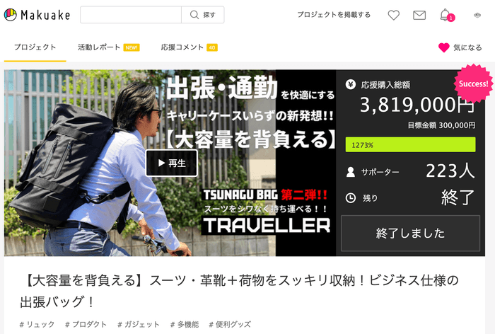 Makuakeクラウドファンディングでは目標金額の1200%を超える結果となりました。