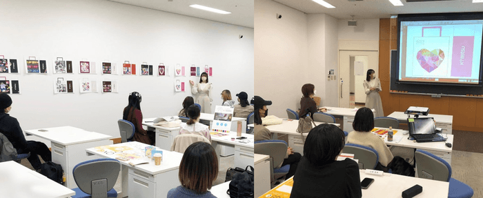 ゼミ課題の合評会（左）、企業担当者へのプレゼンテーション（右）