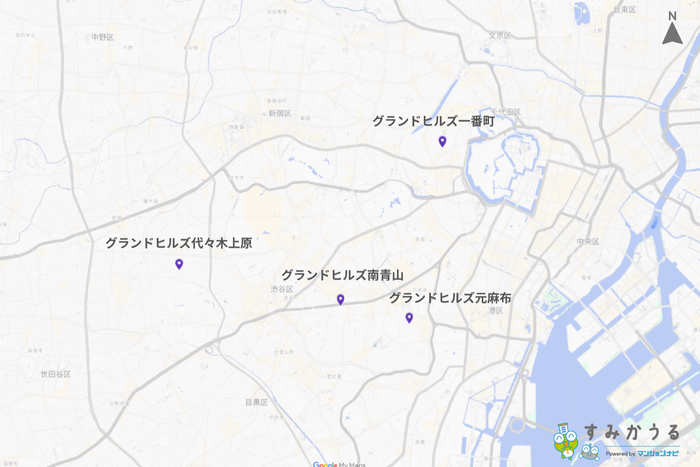 画像4:東京都心部におけるグランドヒルズを示した地図(マンションナビ)