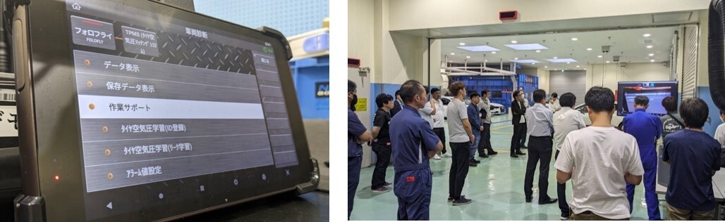 左:G-SCAN操作画面、EV点検の経験が少なくてもバッテリーの状態やエラーコード有無などが的確に確認可能/右:三井住友海上の千葉研修所にて 画面右奥がG-SCAN画面