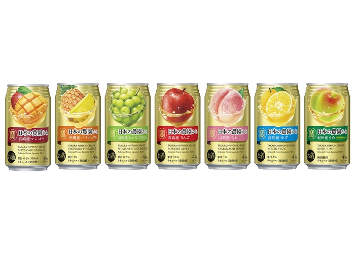 左から、新発売の＜宮崎産マンゴー＞＜沖縄産パイナップル＞＜島根産シャインマスカット＞＜青森産りんご＞＜山梨産もも＞＜高知産ゆず＞＜紀州産うめ＞