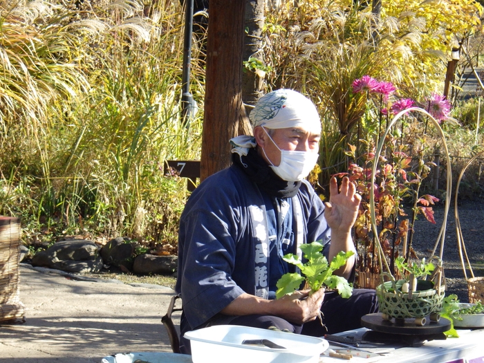 昨年度の春の七草籠制作の様子(向島百花園)