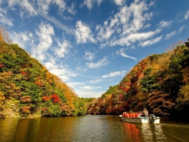 渓谷を船が行く!それが亀山湖の紅葉狩りクルーズです!