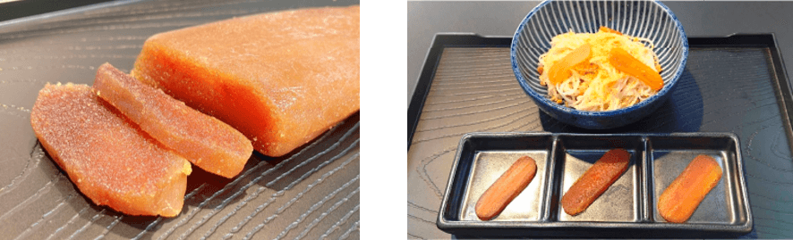 酒粕仕立てのからすみ/「からすみそうめん」(上)と「産地別からすみ食べ比べセット」(下)