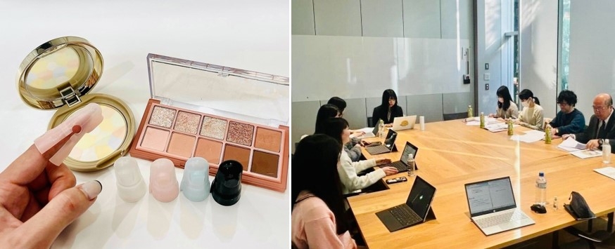 化粧用指型シリコーンパフ「ゆびパフ」(左)、学生と錦城護謨株式会社との打ち合わせの様子(右)