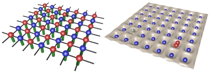 図1 PEPS法の概念図  この図全体がPEPSという種類のテンソルネットワークで表した量子多体系の波動関数を意味している。(左)、図2 光格子中の冷却気体の量子シミュレータのイメージ図 丸印は気体を構成する原子を表す。レーザー光を用いて、光格子と呼ばれる格子状に並んだ「穴ぼこ」を作ることができ、原子はこれらの穴ぼこの底から底へと飛び回る。(右)