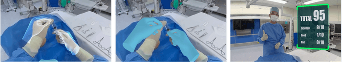 ①英語による解説・お手本シェイプ表示②プレイヤーの手を重ねて実践・評価③スコア表示で習熟度を評価