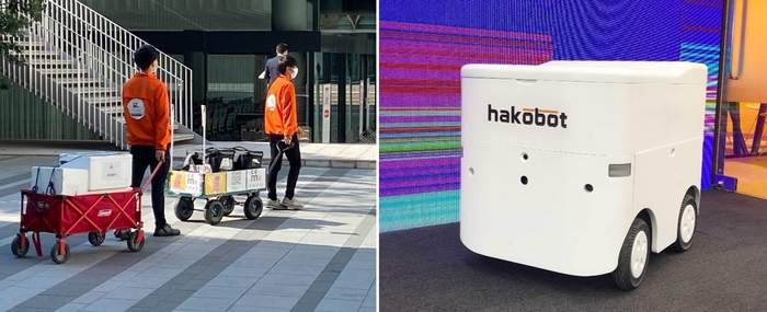 昼食配送サービス「クルメシ」の配送の様子(左)、Hakobot社の自動運転配送ロボット(右)