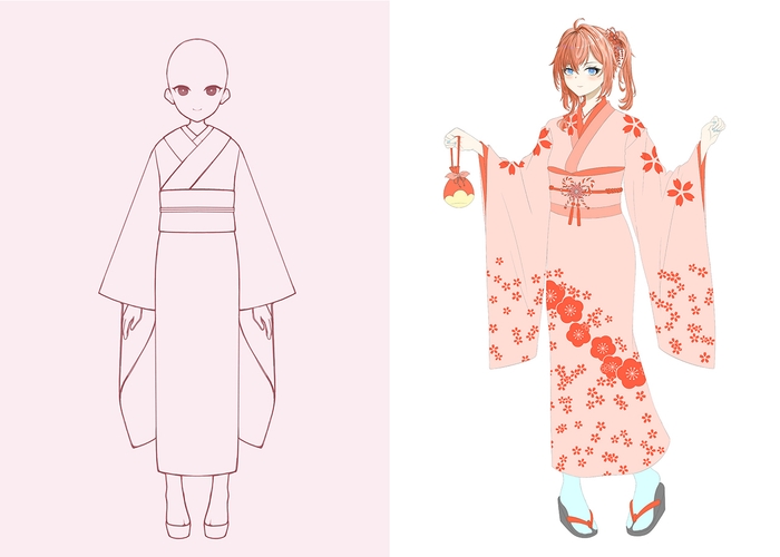 実際に制作中である学生作品:女性着物キャラクター(出所:学校法人瓜生山学園 京都芸術デザイン専門学校)