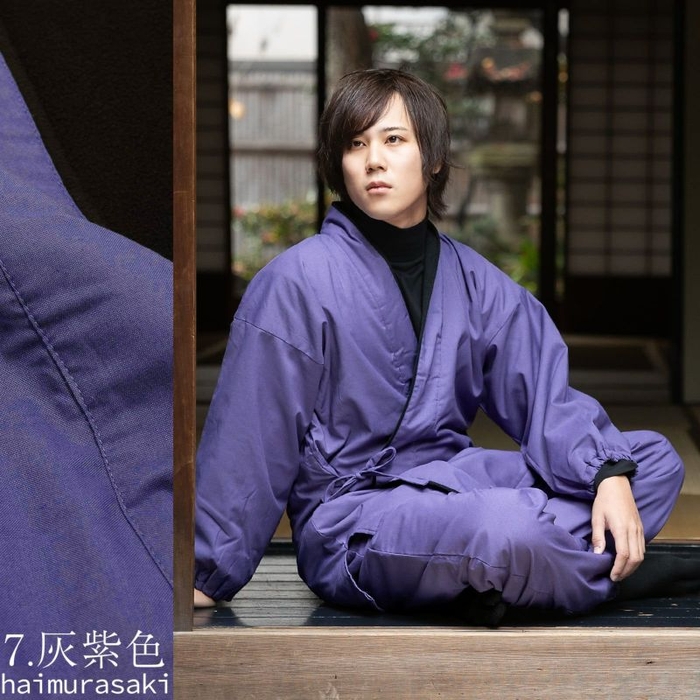 あたたか作務衣灰紫色(男性モデル)