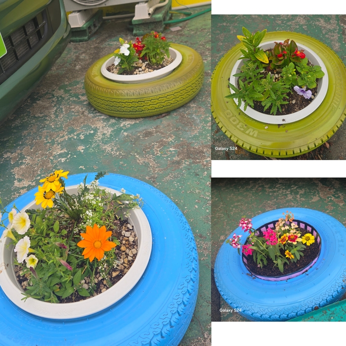 廃タイヤでお花をたくさん植えよう憩いの場