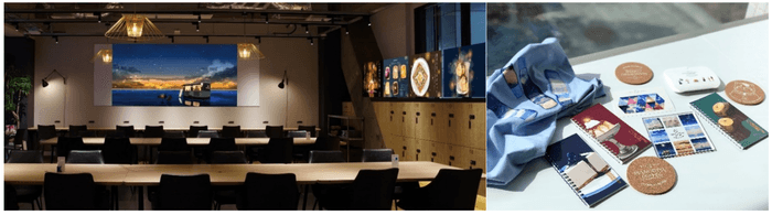 写真左:展示メインスペース/写真右:ノートやコースターなどグッズ例