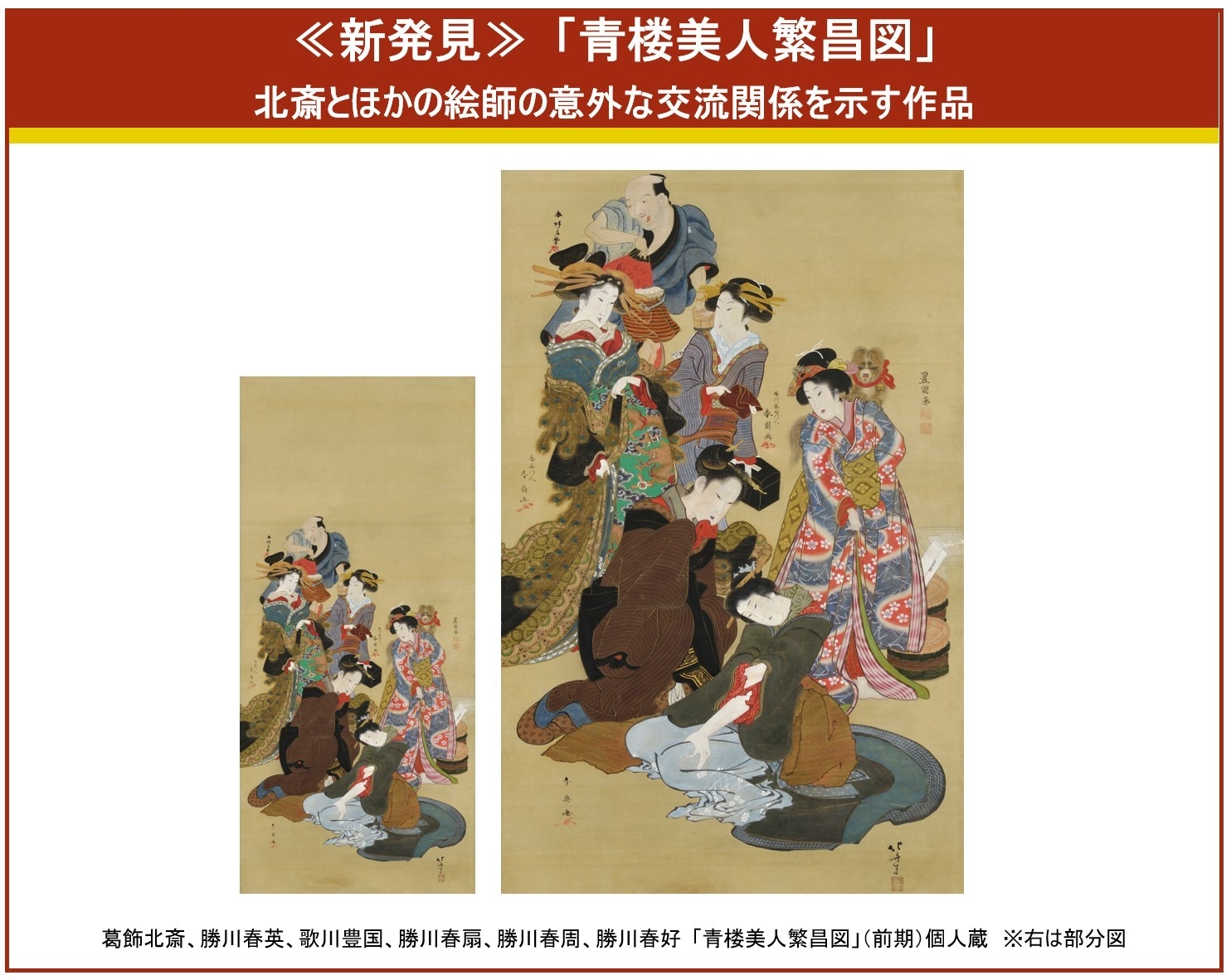 ▲≪新発見≫葛飾北斎、勝川春英、歌川豊国、勝川春扇、勝川春周、勝川春好「青楼美人繁昌図」(前期)個人蔵 葛飾北斎が、勝川春好、勝川春英など4名の勝川派絵師たち、そして歌川豊国とともに遊郭の女性たちと太鼓持ちを描いた作品で、北斎とほかの絵師の意外な交流関係を示す作品です。