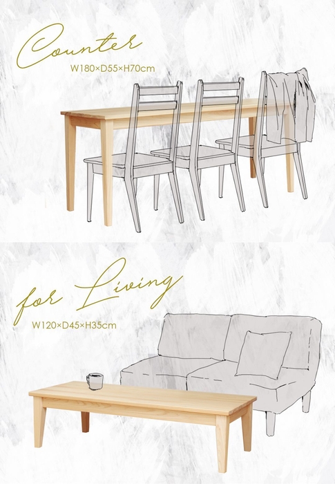 (上)カウンターテーブル¥79,500  (下)リビングテーブル¥50,500