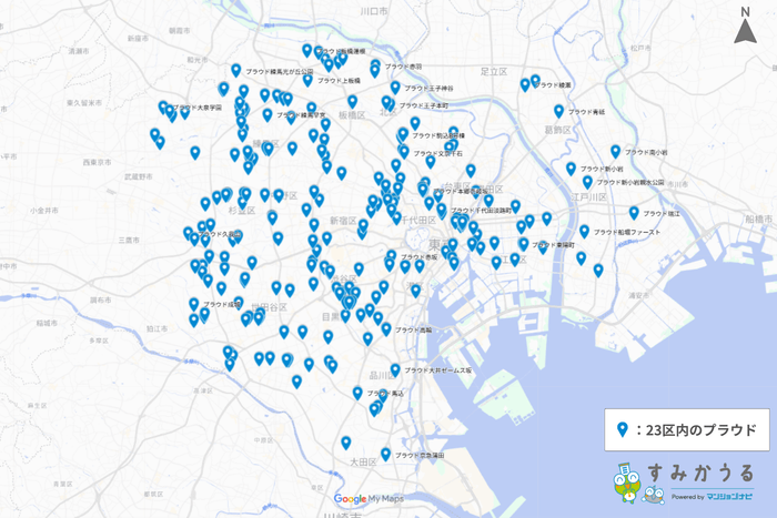 画像1:東京都心部におけるラ・トゥール、シティタワー、グランドヒルズの所在をプロットし、JR山手線を目安として同心円状のエリア構造を示した地図(マンションナビ)
